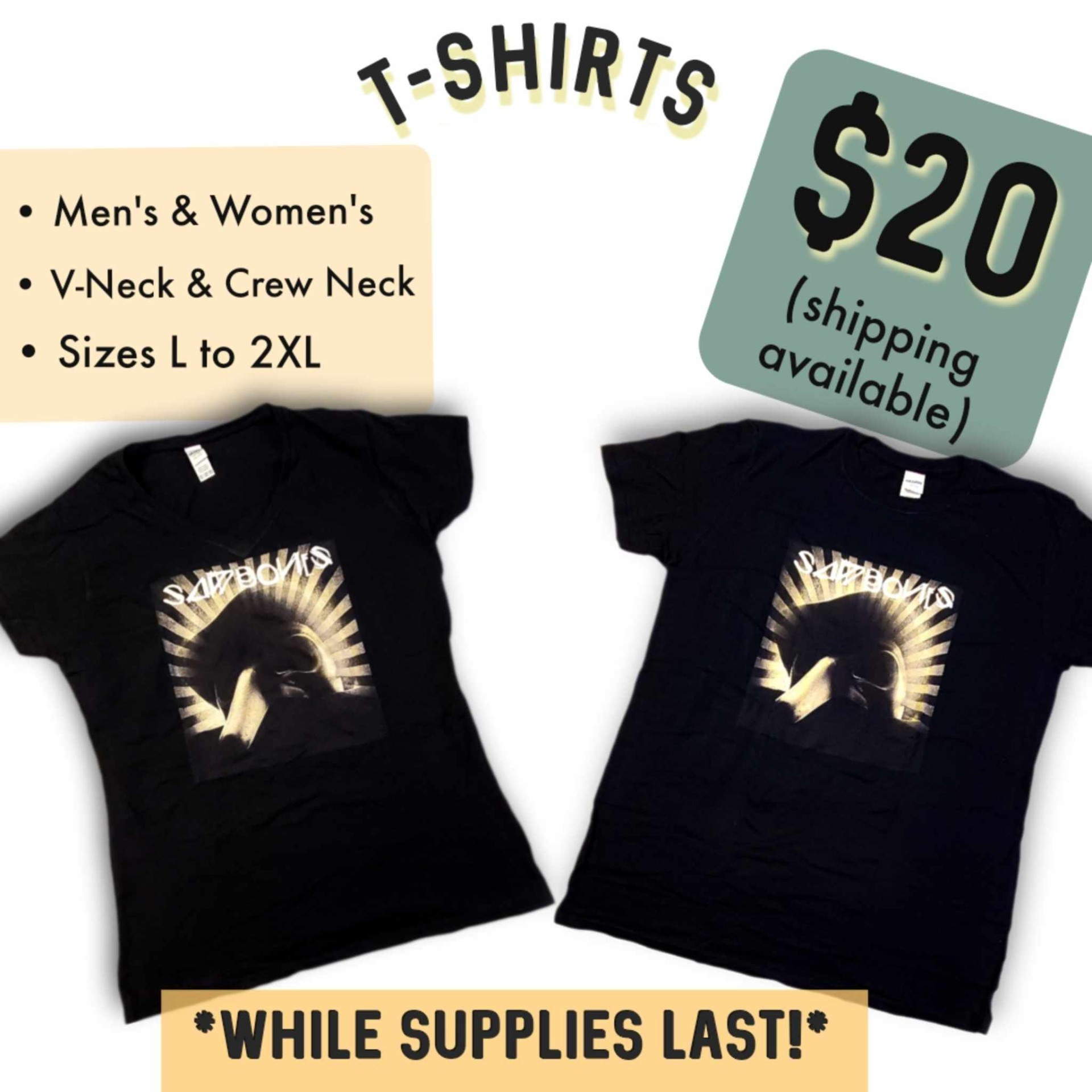 Black Sawbones Rejects shirts in V-neck and crew-neck styles